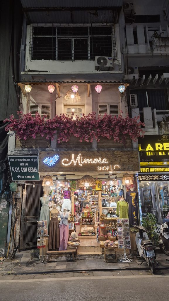 A beautiful, colorful shop at night in the Old Quarter.